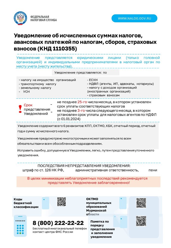 Уведомление об исчисленных суммах налогов, авансовых платежей по налогам, сборов, страховых взносов (КНД 1110355)